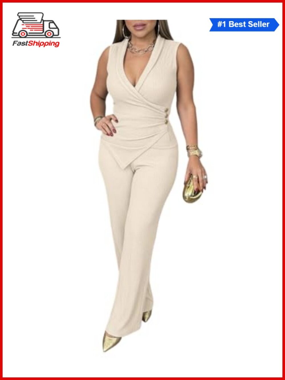 ✨ Ribbed Two Piece Set Deep V Neck Sleeveless Top Wide Leg Pants Chic Streetwear